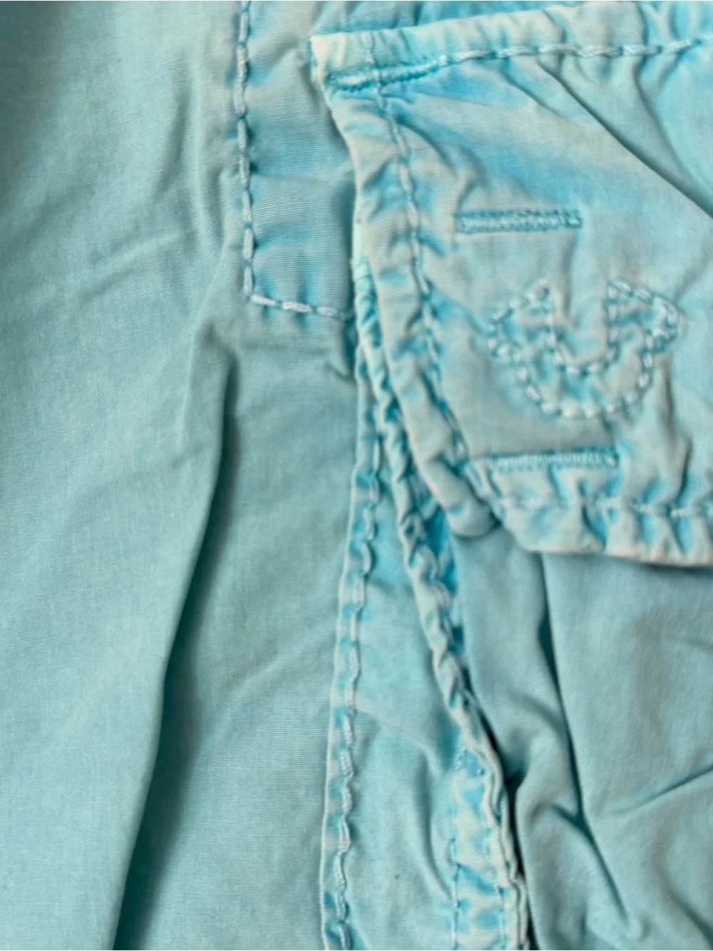 True Religion Turquoise Cargo Shorts with Graphic Accents